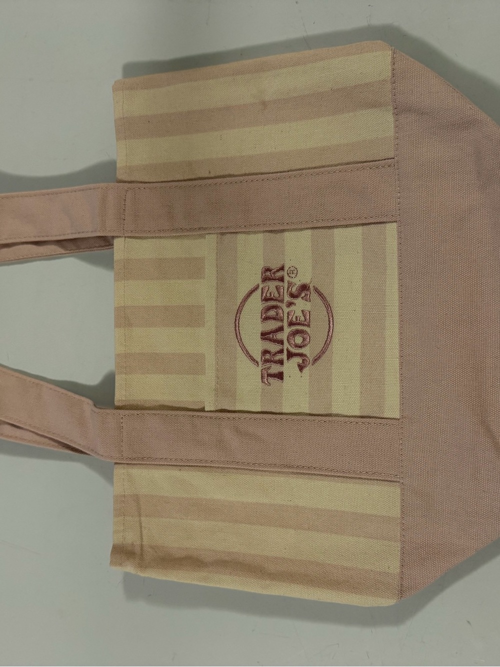 Trader Joe's Pink & Cream Striped Mini Canvas Tote Bag Reusable Shopping Lunch - Picture 2 of 4